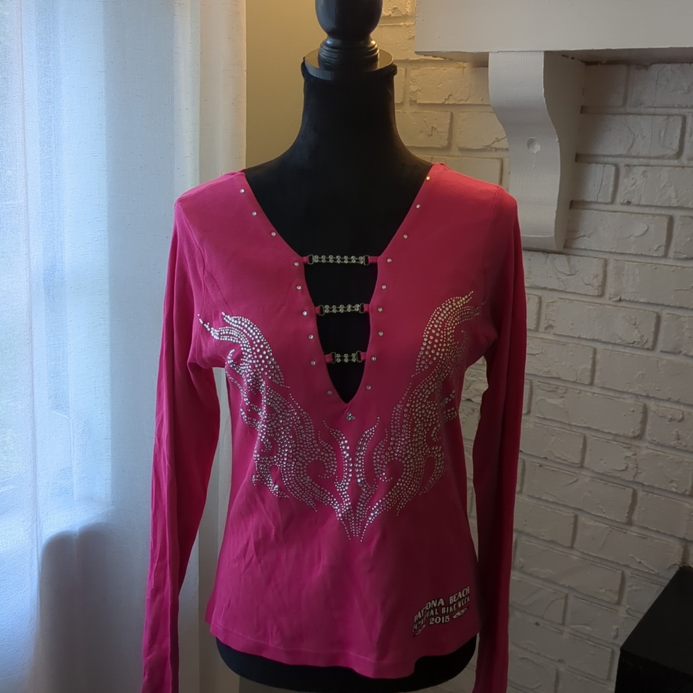 Rhinestone Accent Hot Pink Long-Sleeve Women's Top